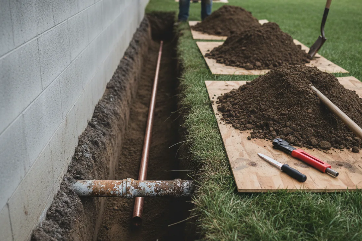 Excavated water line trench during Sewer Line Repair in Placitas